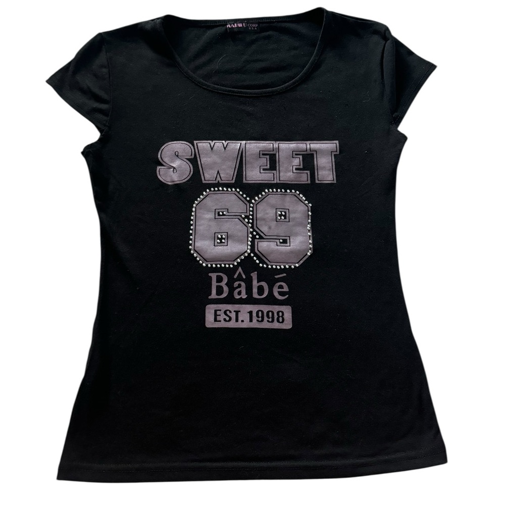 Black Fitted Cap Sleeve Tee with Graphic Design
